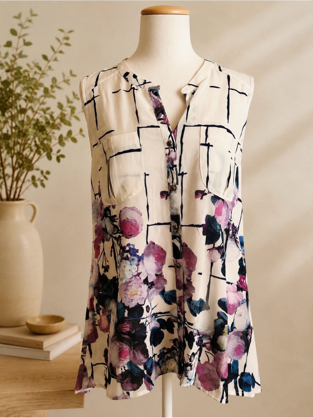 Aratta Cream Sleeveless Blouse with Pink and Navy Floral Grid